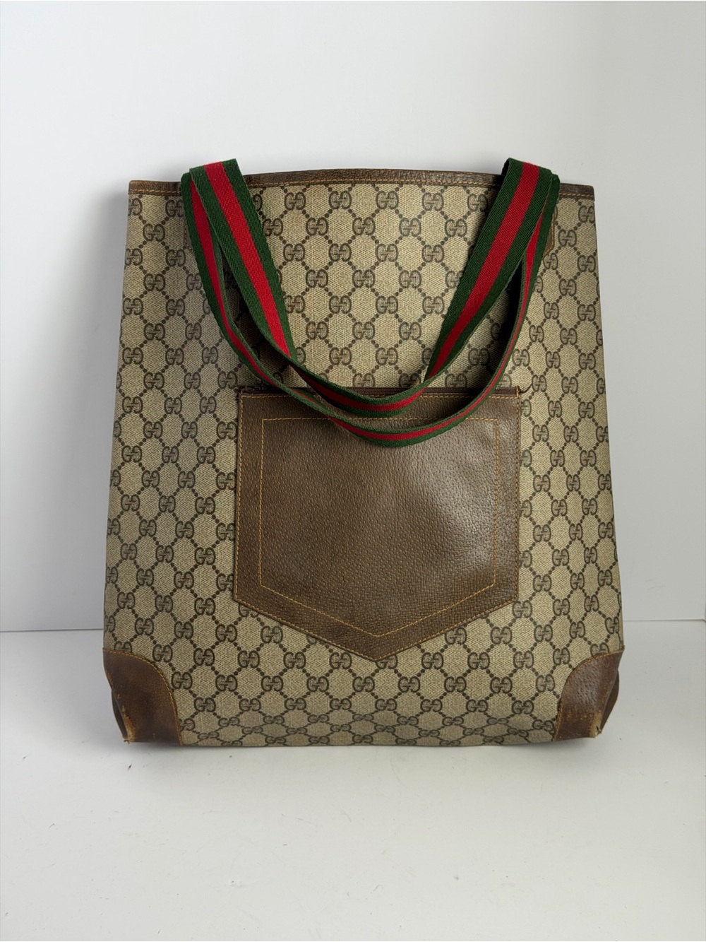 Vintage Gucci GG Supreme Monogram Tote Bag Web Stripe Handles